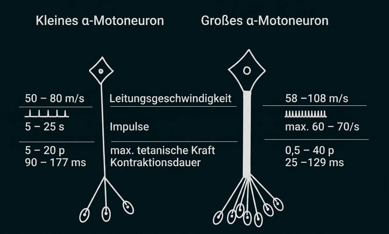 Schematische Gegenüberstellung kleines und großes α-Motoneuron mit Nervenfasern, Endplatten, Leitgeschwindigkeit und Impulsangaben